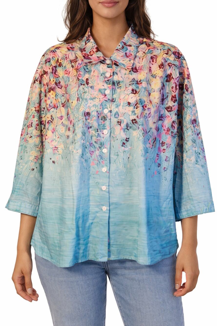 Cozy Tunic Blue Floral Size M Lightweight 3/4 Sleeve Blouse New C.O.Z.Y.